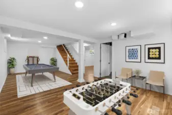 Basement den or office tucked off the side of the spacious rec room—ideal for privacy or potential ADU conversion. Virtually Staged.
