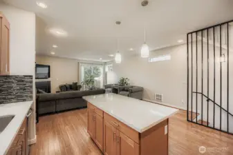 Kitchen area looking into open concept living room