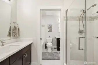 Check out these thine fixtures in updated 5 piece bathroom.