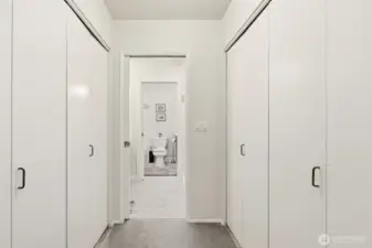 Walk through from loft bedroom. 2 large closets on either side. Plenty of storage.