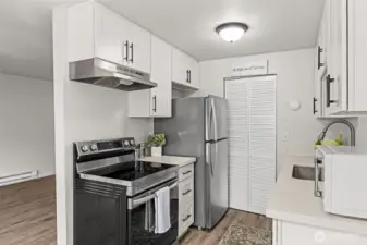 Kitchen with stainless steel appliances.
