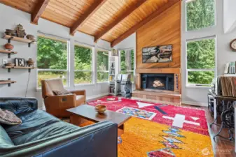 Living room open to kitchen and dining area