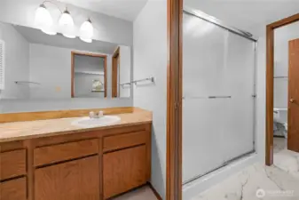 Jack and Jill style bathroom has separate toilet rooms and sinks on both sides of the central walk in shower.