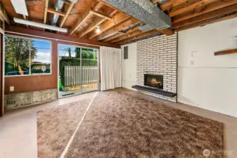 Lower level family room, with slider to front yard area.  Lovely fireplace