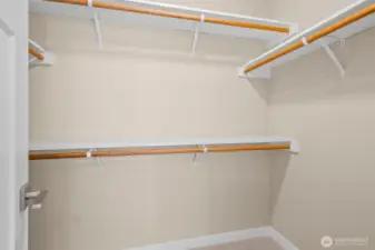 Primary bedroom features a walk-in closet with solid shelving.