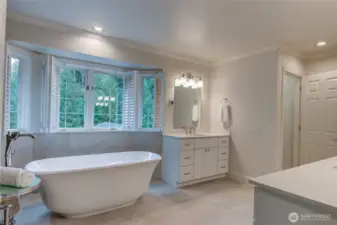 Soaking tub and dual vanities