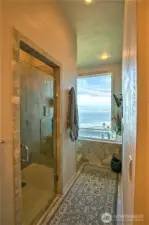 A walk in shower and jetted tub with an panoramic ocean view.