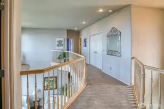 The upper level walkway with a view, leads to the bedrooms and home theater.