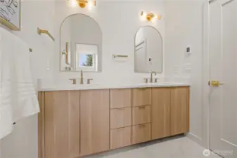 Light filled, Spa-like bathroom with double vanity