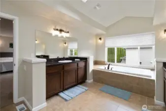 Luxurious primary bath with a spacious soaking tub, dual sinks, and elegant finishes.