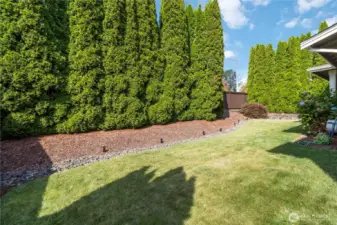 Fully fenced backyard with mature trees offering exceptional privacy and a peaceful setting.