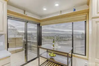 View from Primary Bedroom out to Sound, Olympics & Over Garage Deck