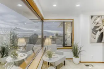 2nd View from Primary Bedroom out to Sound, Olympics & Over Garage Deck