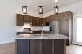 Sleek kitchen design with propane stove, stainless steel appliances and granite countertops.