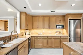 Leiber refrigerator, wine cooler, and ample cabinet space.