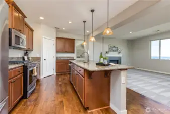 Kitchen overlooks living room