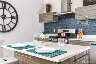 European tile backsplash, quarts kitchen island