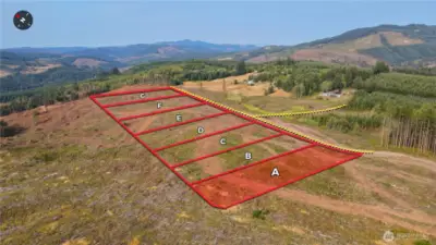Overhead view with approximate boundaries in red and with subject property highlighted.