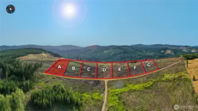 Overhead view with approximate boundaries in red and with subject property highlighted.