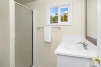 Hall bath features a walk-in shower.