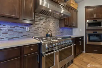 Gourmet kitchen with all high-end appliances all new kitchen with very custom cabinets 4 ovens 1 is high output oven 5 burner stove with large grill and commercial fan vent hood. cabinets have pull out drawers, spice cabinet and double dishwasher.