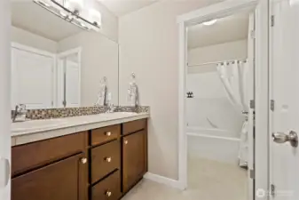 Main bath up with 2 sinks and separate door to shower and toilet