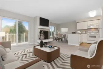 Digitally staged photo of kitchen, dining and living area.