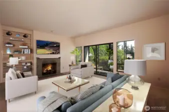 Large sunken living room, dimensions 14" x 21", 9' ceilings, wood fireplace.  New carpet and freshly painted.  Virtually staged photo.