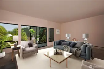 Large, quiet living room with lots of natural light adjoins the sunroom.  It has 9" ceilings and is 21' x 14'.  It has new carpet and paint. Virtually staged photo.