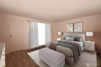 Spacious master suite, dimensions are 12' x 14', adjacent bath & dressing area. There is a 12' wall of closets, the door on the left is an additional 5'x 6' walk-in closet.  Sliding doors open out to a private patio. Virutally staged photo.