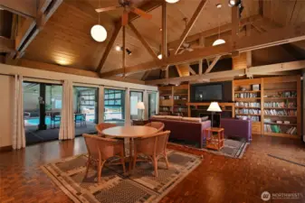 The clubhouse meeting room looking out to the pool and hot tub.