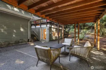 Covered gazebo for peaceful times, looking at deck and private entrance to ADU