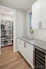 Walk-in panrty, Butler's panrty with beverage frig off the kitchen