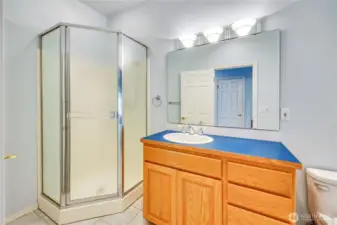 The first floor 3/4 bath is located off the main hall.