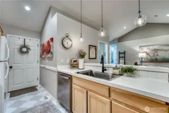 Expansive eating bar and counter space.