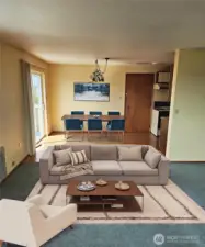 Virtual staged great room and dining area