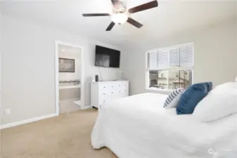 Spacious primary bedroom with huge walk-in closet and luxury bath