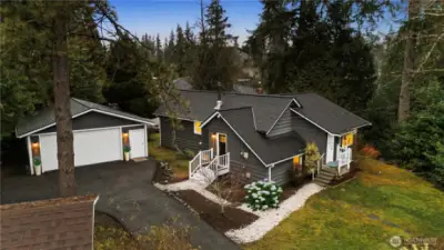 A drone shot highlighting the mature trees on the property. NB. The hydrangea bush has been digitally enhanced.