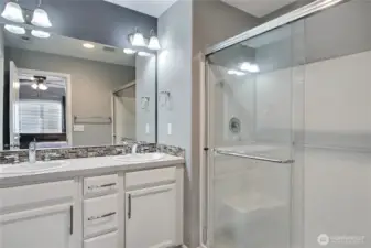 Primary ensuite bath view one, love the separate shower and double vanity.