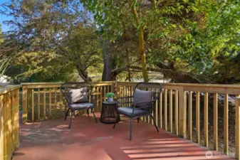 Front deck for your morning coffee hidden from the street by trees and shrubs