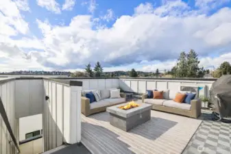 Head up to the rooftop to this fantastic (virtually staged) deck! Plumbed w/ gas for your BBQ and water for your container garden. Plus beautiful views of sunsets, the ship canal, Mt. Rainier & downtown!