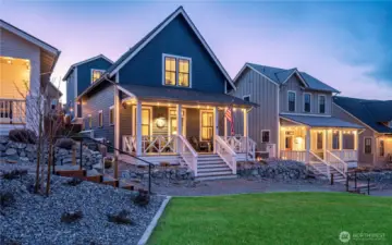 Twilight view of home fronting Vineyard Park.