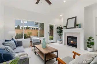 Living are with gas fireplace.