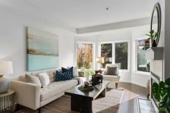 Bay windows let in the morning light.