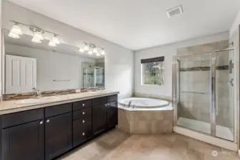 5 piece primary bath with soaking tub, double vanity and spacious enclosed shower...