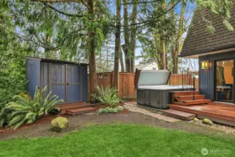After a nice day in the yard, stow your tools and hit the hot tub for a relaxing soak.