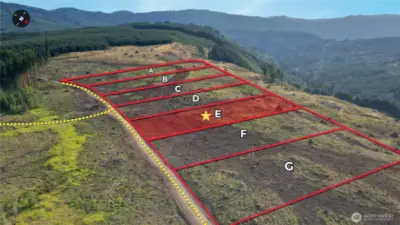 Overhead view with approximate boundaries in red and subject property highlighted.
