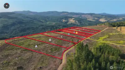 Overhead view with approximate boundaries in red and subject property highlighted.