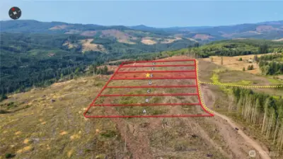 Overhead view with approximate boundaries in red and subject property highlighted.