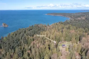 Aerial view showcasing the full 5 acre setting, with sunny open meadow, established organic gardens, and surrounding old-growth cedar forest. A secluded and peaceful island retreat.